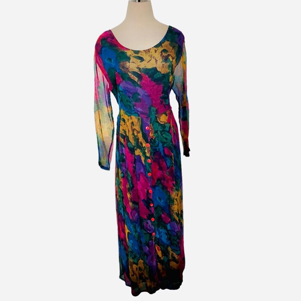 Vtg 90s Bila Dress Cover Up Set Pink Purple Sheer Crinkle 2 Piece S/M